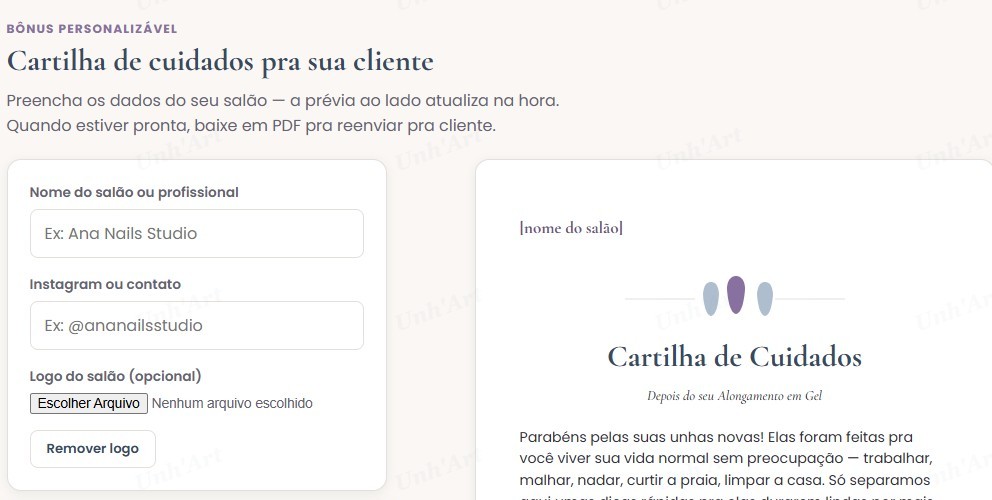 Cartilha de cuidados personalizável com nome e Instagram do salão, pronta pra baixar em PDF